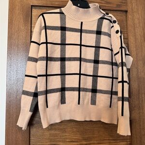 Button-Shoulder Plaid Mock Neck Tahari Sweater in Blush